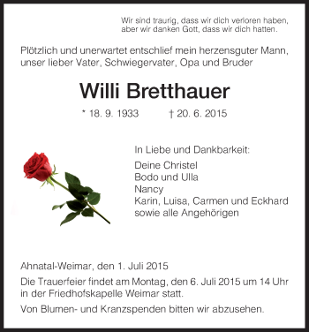 Todesanzeige von Willi Bretthauer von HNA
