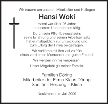 Todesanzeige von Hansi Woki von HNA