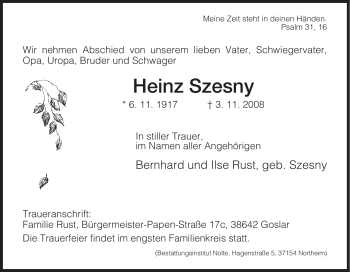 Todesanzeige von Heinz Szesny von HNA