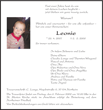 Todesanzeige von Leonie Unbekannt von HNA