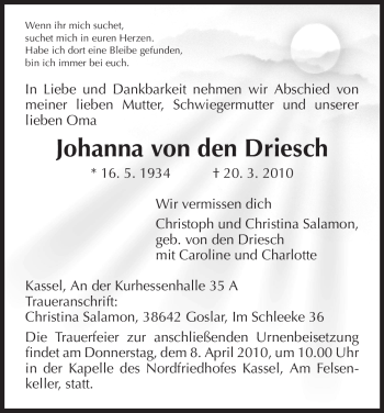 Todesanzeige von Johanna von den Driesch von HNA