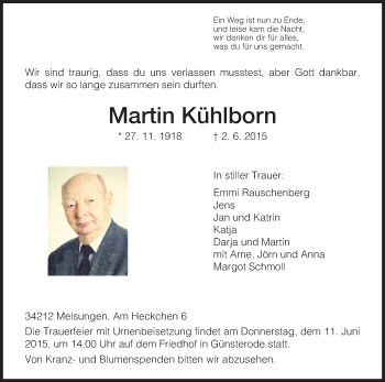Todesanzeige von Martin Kühlborn von HNA
