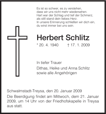 Todesanzeige von Herbert Schlitz von HNA