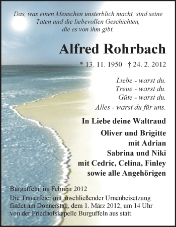Todesanzeige von Alfred Rohrbach von HNA