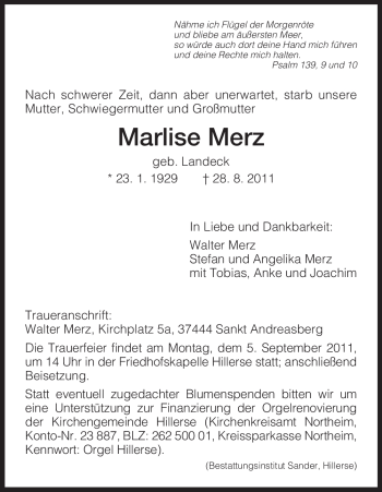 Todesanzeige von Marlise Merz von HNA