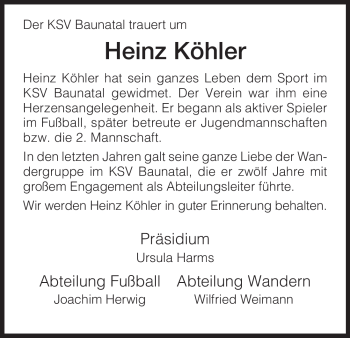 Todesanzeige von Heinz Köhler von HNA