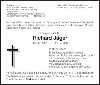Todesanzeige von Richard Jäger von HNA