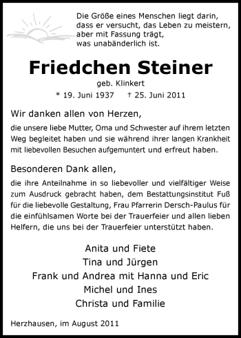 Todesanzeige von Friedchen Steiner von HNA