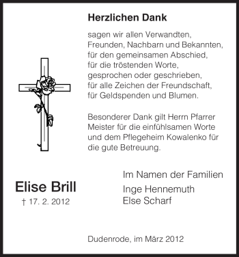 Todesanzeige von Elise Brill von HNA