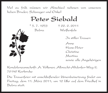 Todesanzeige von Peter Siebald von HNA