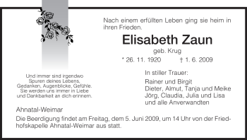 Todesanzeige von Elisabeth Zaun von HNA