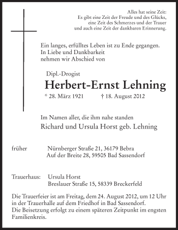 Todesanzeige von Herbert-Ernst Lehning von HNA