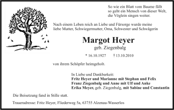 Todesanzeige von Margot Heyer von HNA