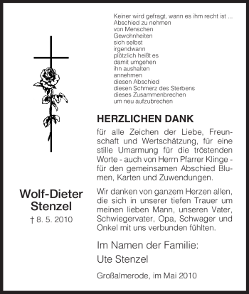 Todesanzeige von Wolf-Dieter Stenzel von HNA