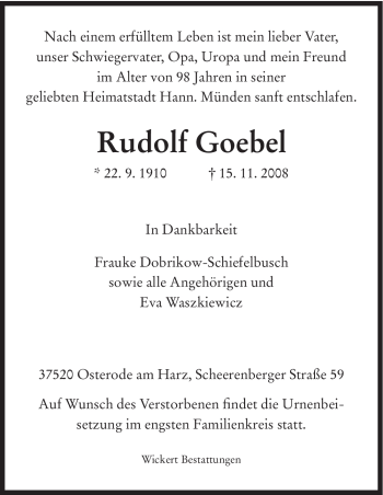 Todesanzeige von Rudolf Goebel von HNA