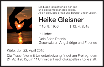 Todesanzeige von Heike Gleisner von HNA