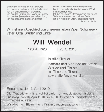 Todesanzeige von Willi Wendel von HNA