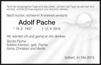 Todesanzeige von Adolf Pache von HNA