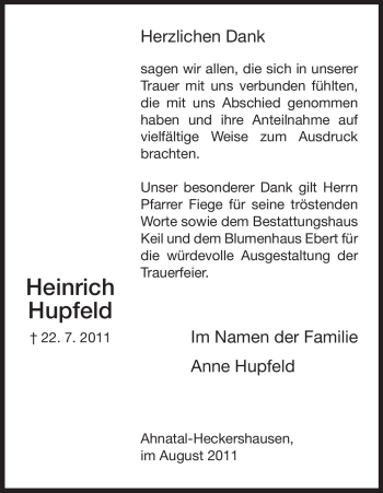 Todesanzeige von Heinrich Hupfeld von HNA