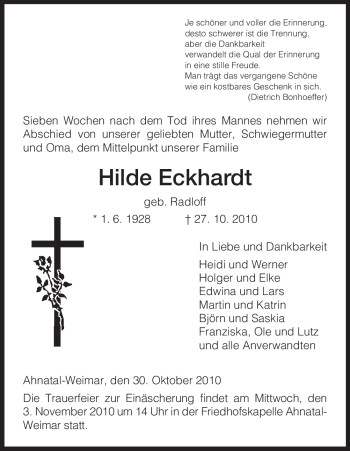 Todesanzeige von Hilde Eckhardt von HNA