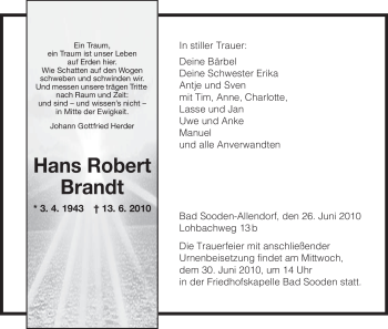Todesanzeige von Hans Robert Brandt von HNA