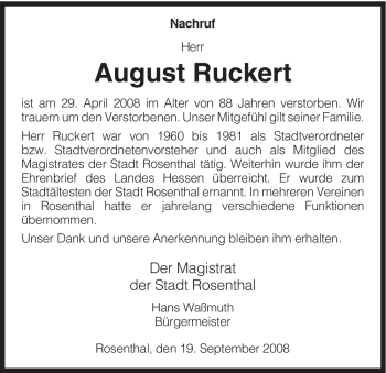 Todesanzeige von August Ruckert von HNA