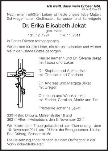 Todesanzeige von Erika Elisabeth Jekat von HNA
