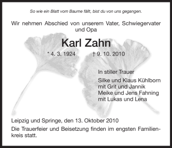 Todesanzeige von Karl Zahn von HNA