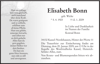 Todesanzeige von Elisabeth Bonn von HNA