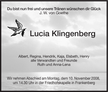 Todesanzeige von Lucia Klingenberg von HNA