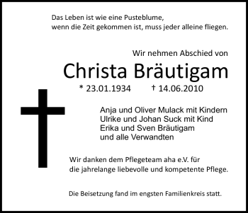Todesanzeige von Christa Bräutigam von HNA