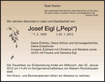 Todesanzeige von Josef Eigl von HNA