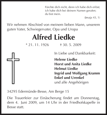Todesanzeige von Alfred Liedke von HNA