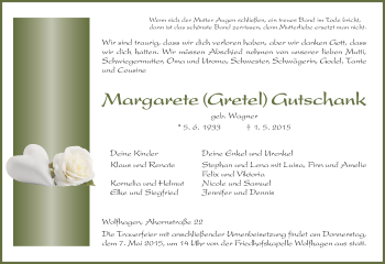 Todesanzeige von Margarete Gutschank von HNA
