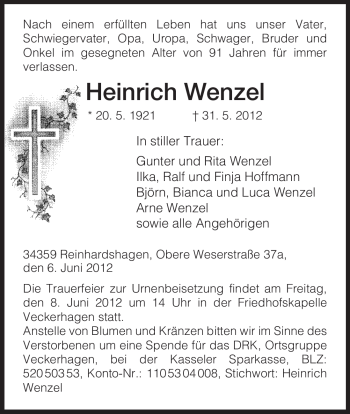 Todesanzeige von Heinrich Wenzel von HNA