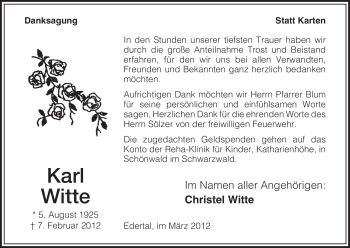 Todesanzeige von Karl Witte von HNA