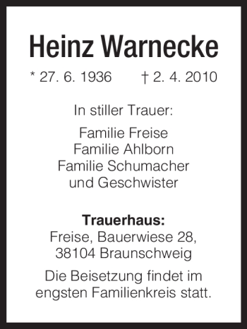 Todesanzeige von Heinz Warnecke von HNA