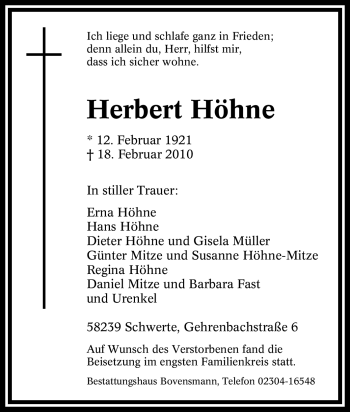 Todesanzeige von Herbert Höhne von HNA