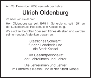 Todesanzeige von Ulrich Oldenburg von HNA