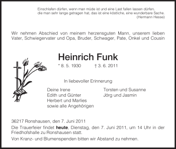 Todesanzeige von Heinrich Funk von HNA