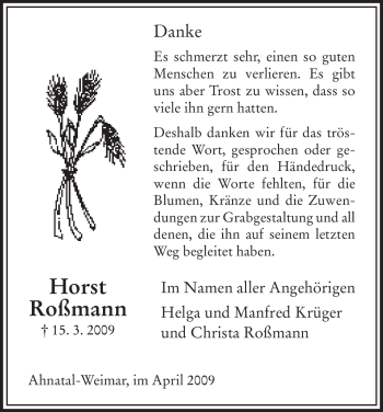 Todesanzeige von Horst Roßmann von HNA