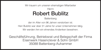 Todesanzeige von Robert Bublitz von HNA