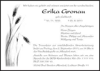 Todesanzeige von Erika Gronau von HNA