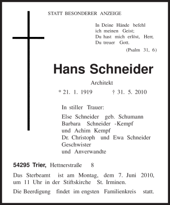 Todesanzeige von Hans Schneider von HNA