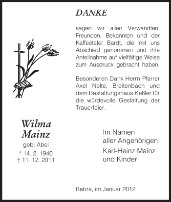 Todesanzeige von Wilma Mainz von HNA