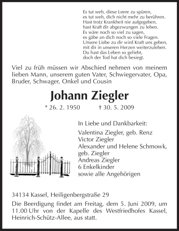 Todesanzeige von Johann Ziegler von HNA