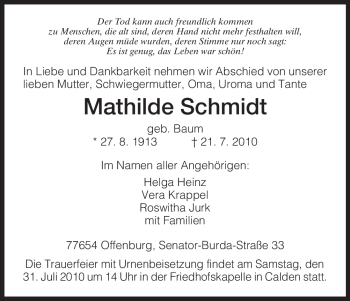 Todesanzeige von Mathilde Schmidt von HNA