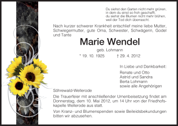 Todesanzeige von Marie Wendel von HNA