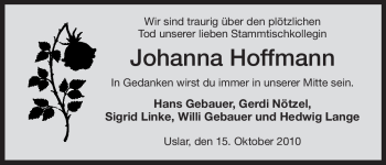 Todesanzeige von Johanna Hoffmann von HNA