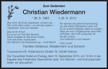 Todesanzeige von Christian Wiedermann von HNA